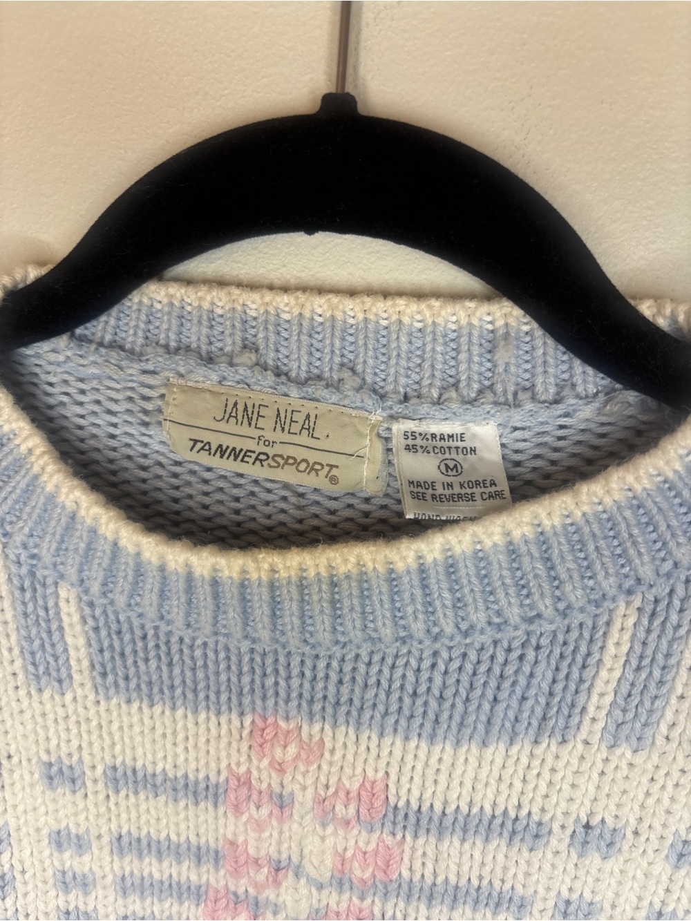 Pastel Blue & White Short-Sleeve Knit Sweater with Pink Accents - Picture 7 of 10